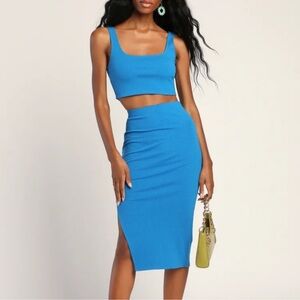 Lulus Set For Life Cobalt Blue Ribbed Two Piece Dress Skirt Crop Top